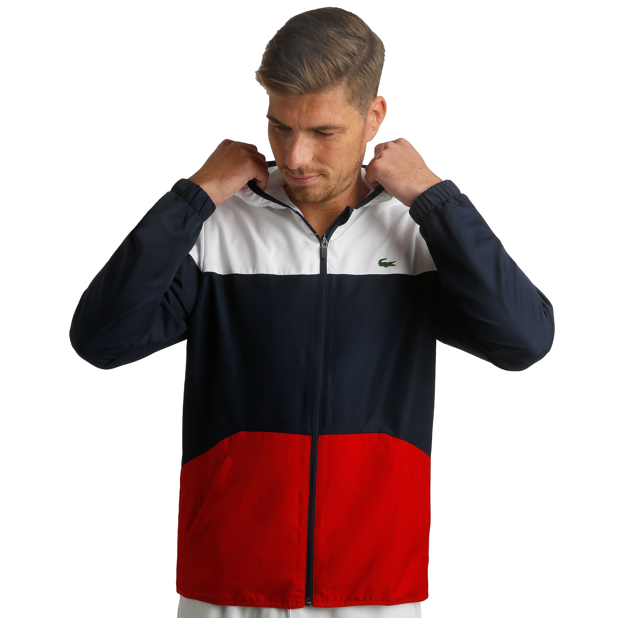 Veste lacoste blanche et bleu discount